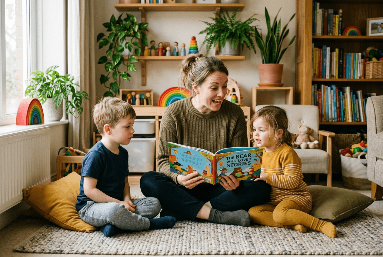 Une assistante maternelle lit un livre à deux enfants sur un tapis. Image générée.