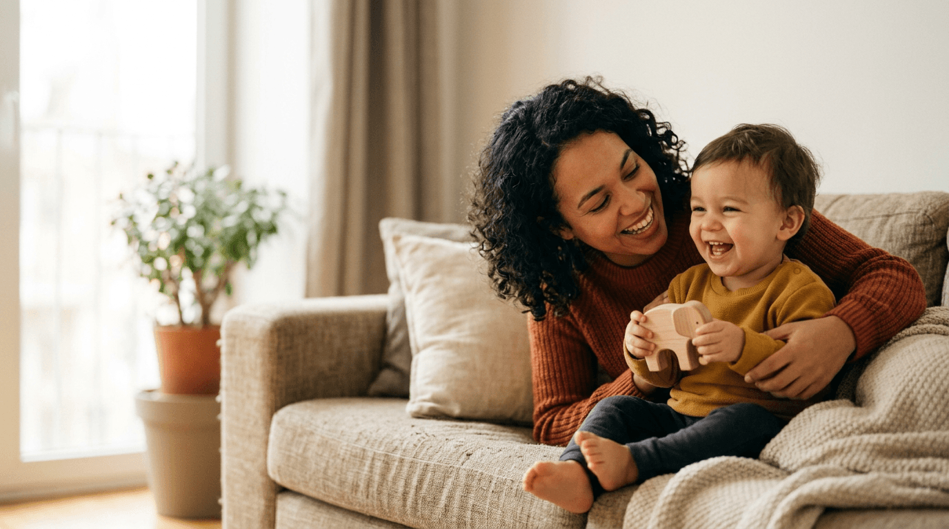 Une femme aux cheveux bouclés rit avec un jeune enfant sur un canapé. Image générée.