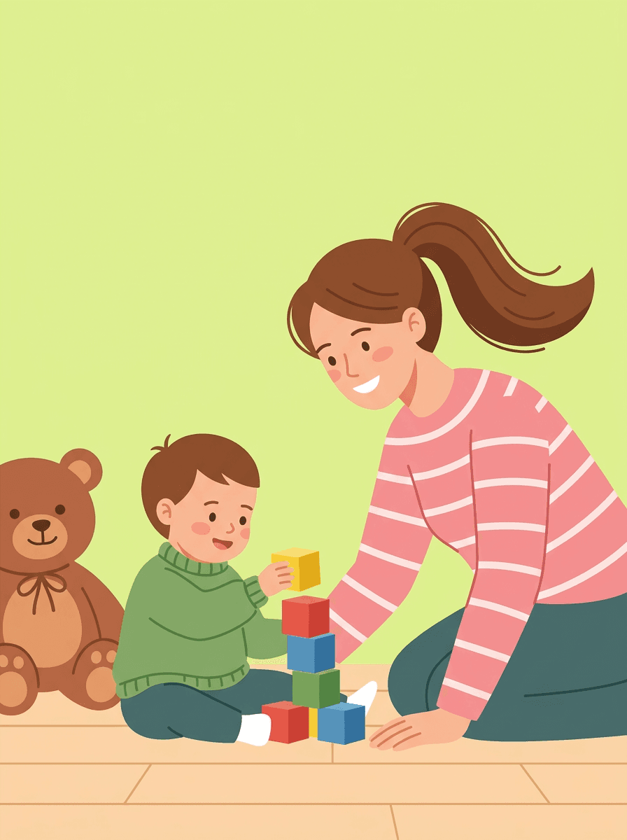 Illustration : une femme et un jeune enfant jouent aux cubes près d’un ours en peluche