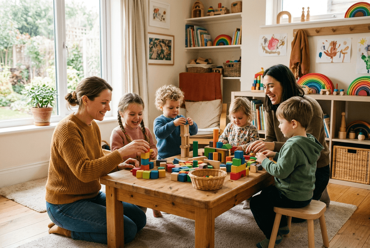 Deux professionnelles et quatre enfants jouent autour d’une table. Image générée.