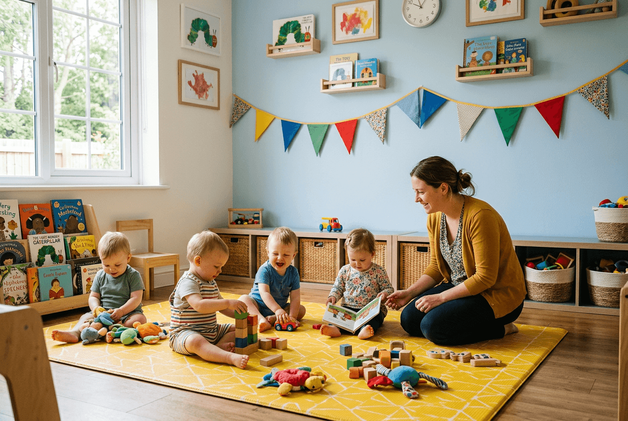Des tout-petits jouent sur un tapis jaune dans une petite crèche. Image générée.