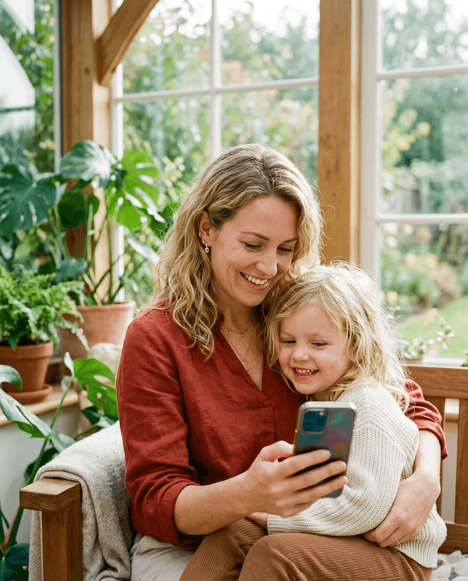 Une mère et sa fille regardent un téléphone ensemble. Image générée.